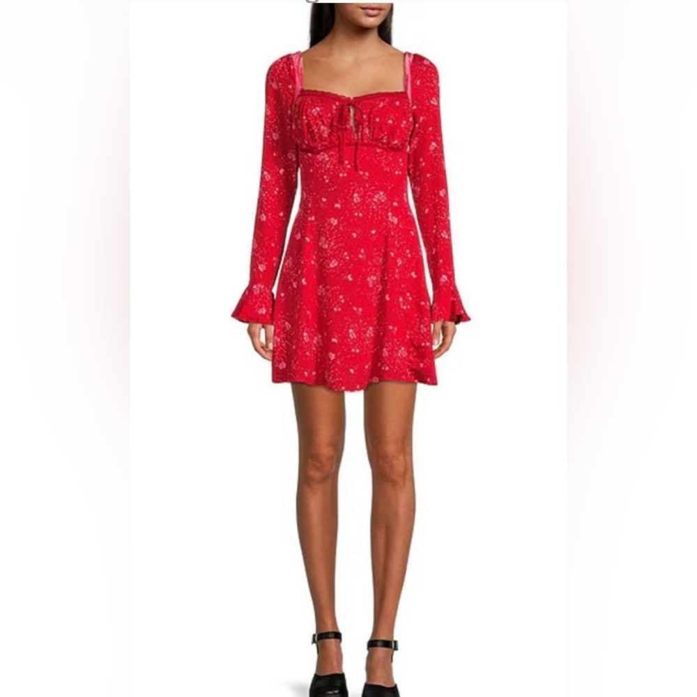 Free People Tess Velvet Trimmed Red & Pink Floral Long Sleeve Dress NWT Ret $128